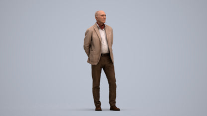 realistic 3D human senior man business standing, archviz people FBX OBJ for Blender, standing pose render