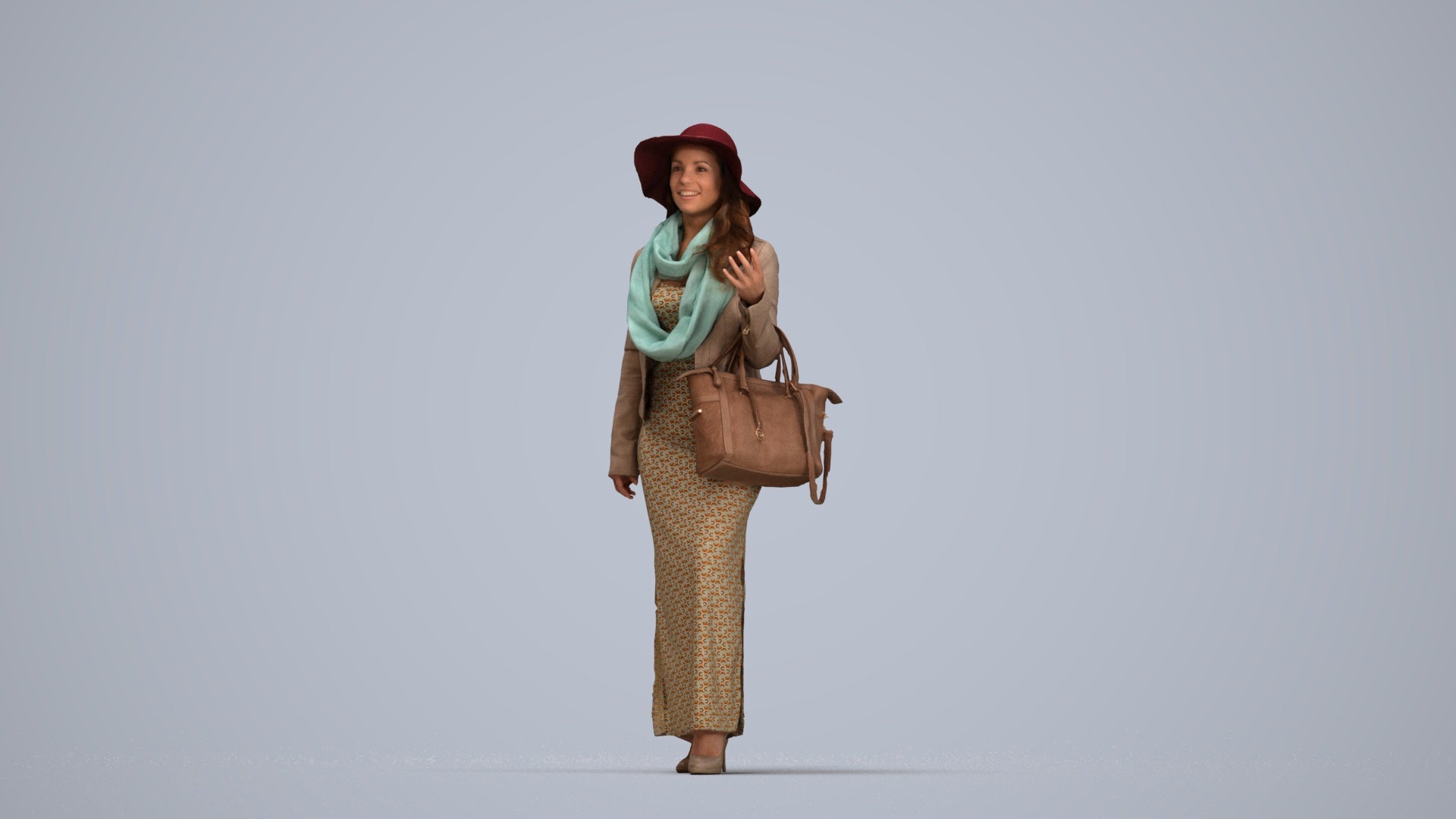 realistic 3D human woman casual standing, archviz people FBX OBJ for Blender, top-down view render