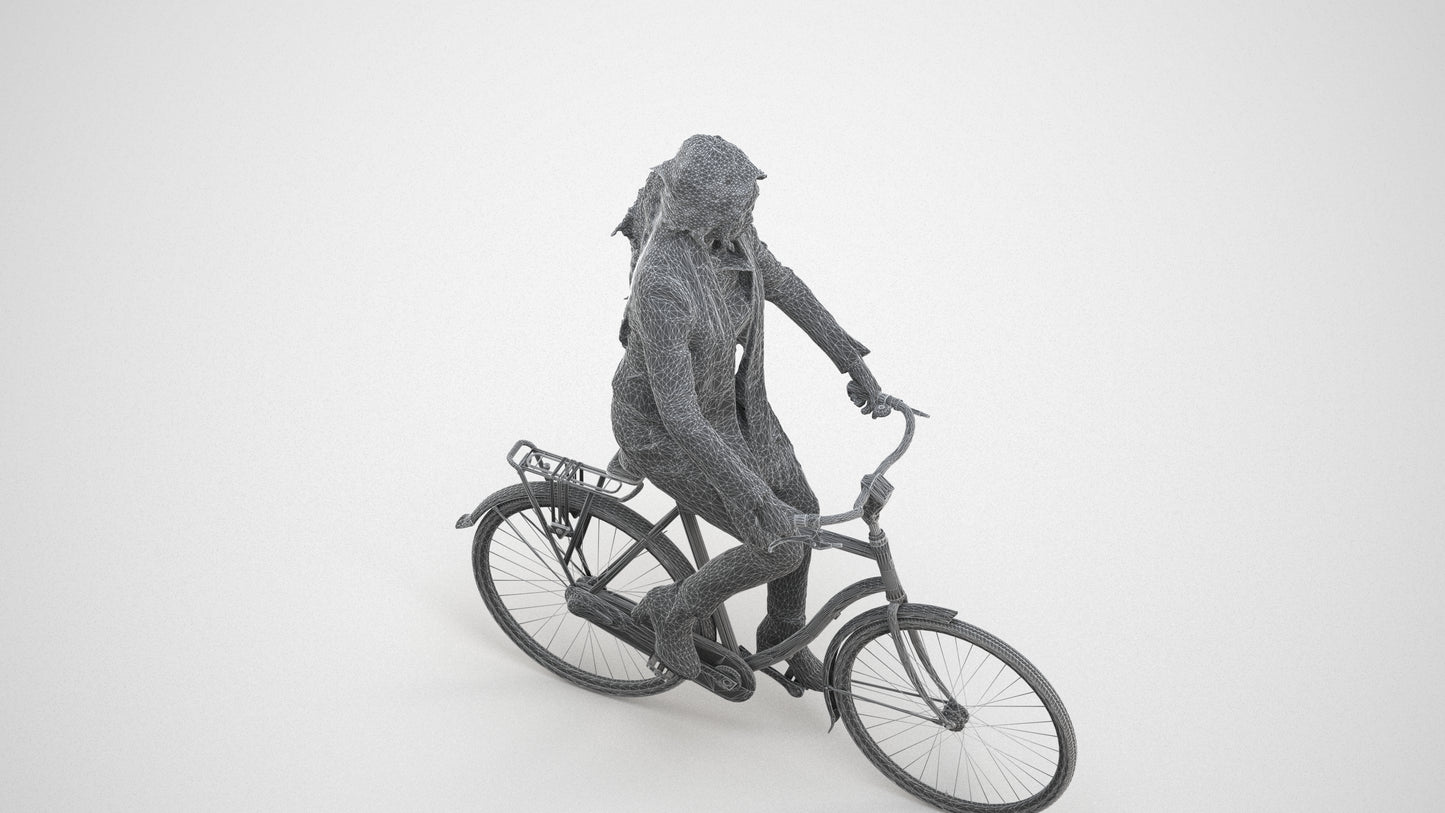 realistic 3D woman casual cycling, scanned archviz people for Blender and 3ds Max, wireframe three-quarter view