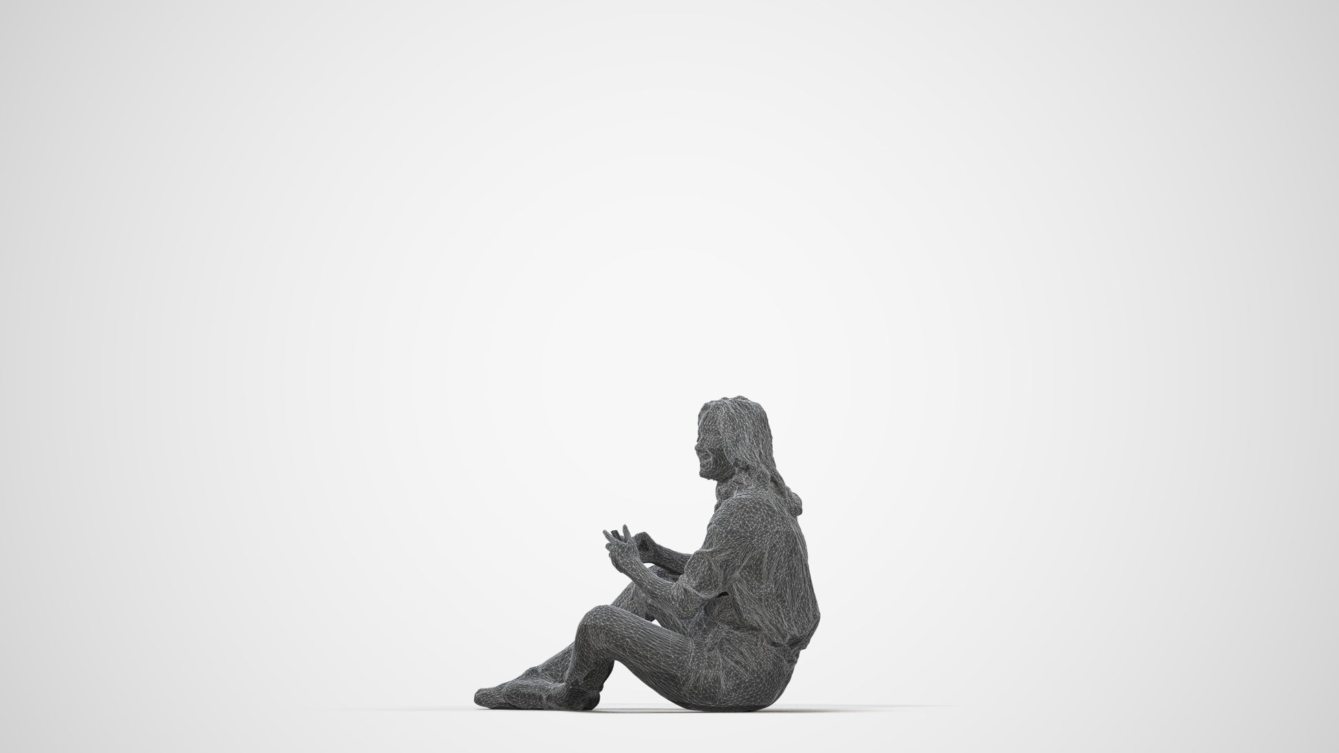 3D human model woman casual sitting, photogrammetry scanned person for archviz, wireframe back view