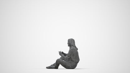 3D human model woman casual sitting, photogrammetry scanned person for archviz, wireframe back view