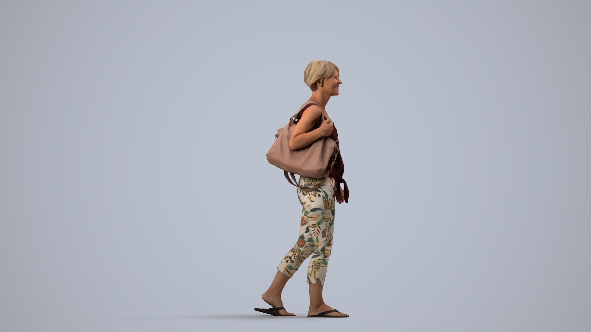 realistic 3D human senior woman walking, archviz people FBX OBJ for Blender, side view render