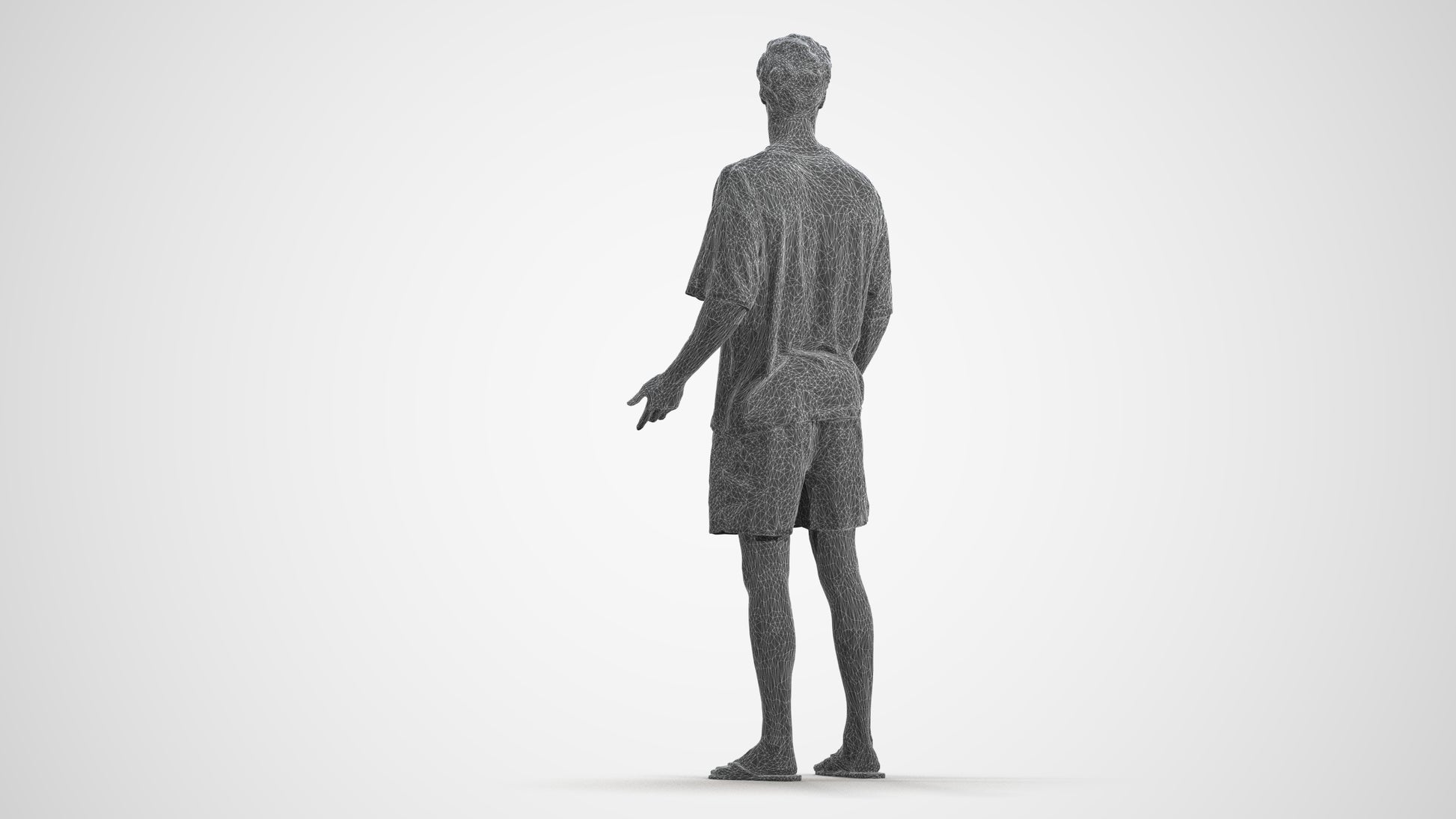 3D human model man casual standing, photogrammetry scanned person for archviz, wireframe front view