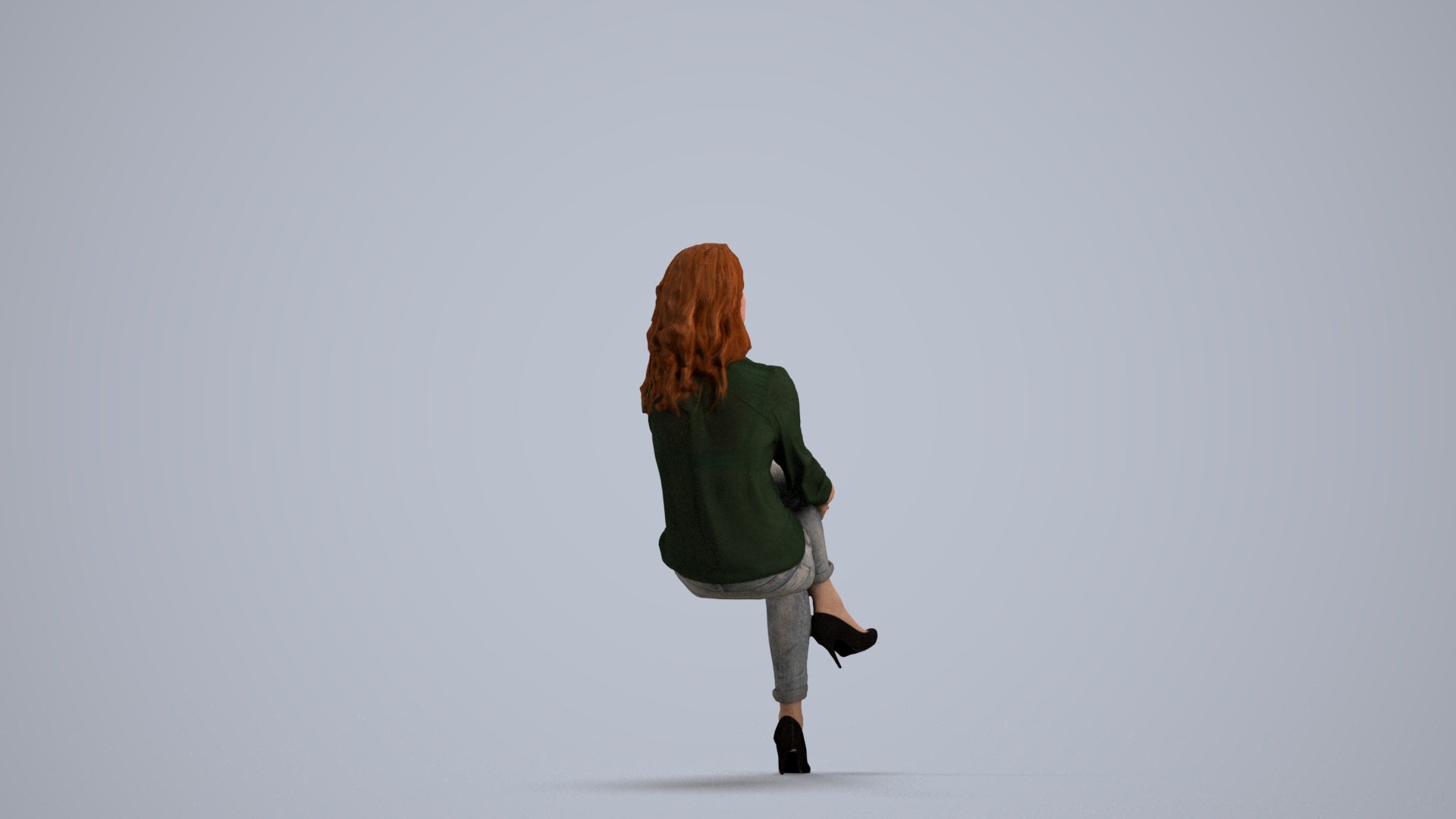 realistic 3D woman casual sitting, scanned archviz people for Blender and 3ds Max, front view render