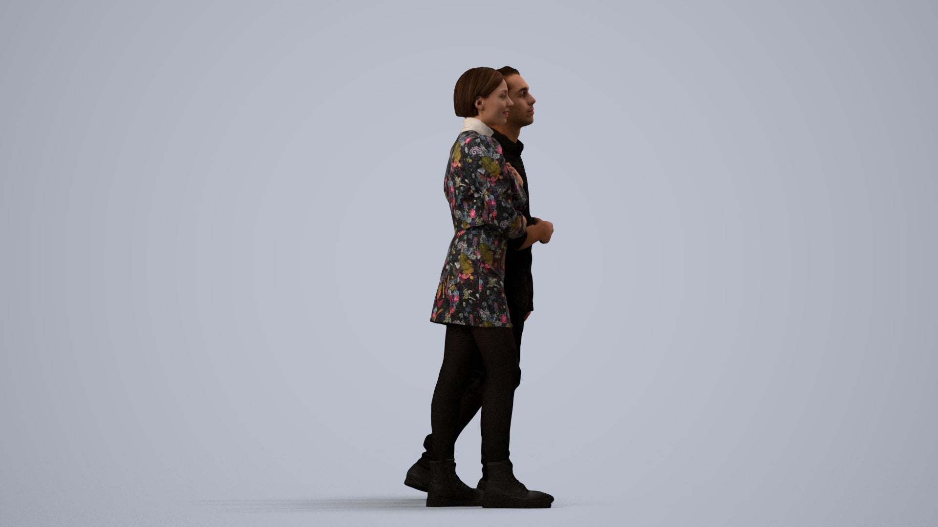 realistic 3D human woman casual couple, archviz people FBX OBJ for Blender, side view render