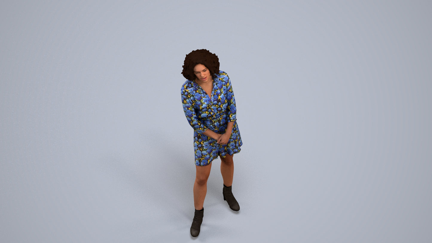 3D human model woman casual standing, photogrammetry scanned person for archviz, back view render