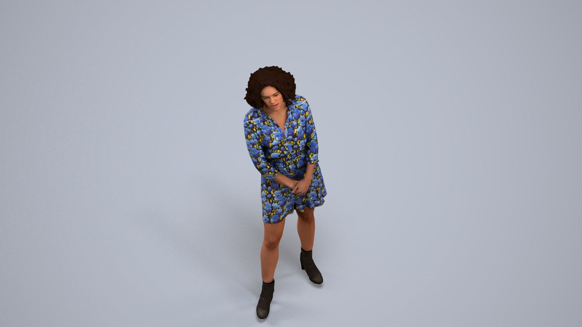 3D human model woman casual standing, photogrammetry scanned person for archviz, back view render