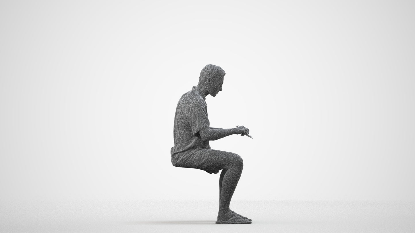 3D human model man casual sitting, photogrammetry scanned person for archviz, wireframe side view
