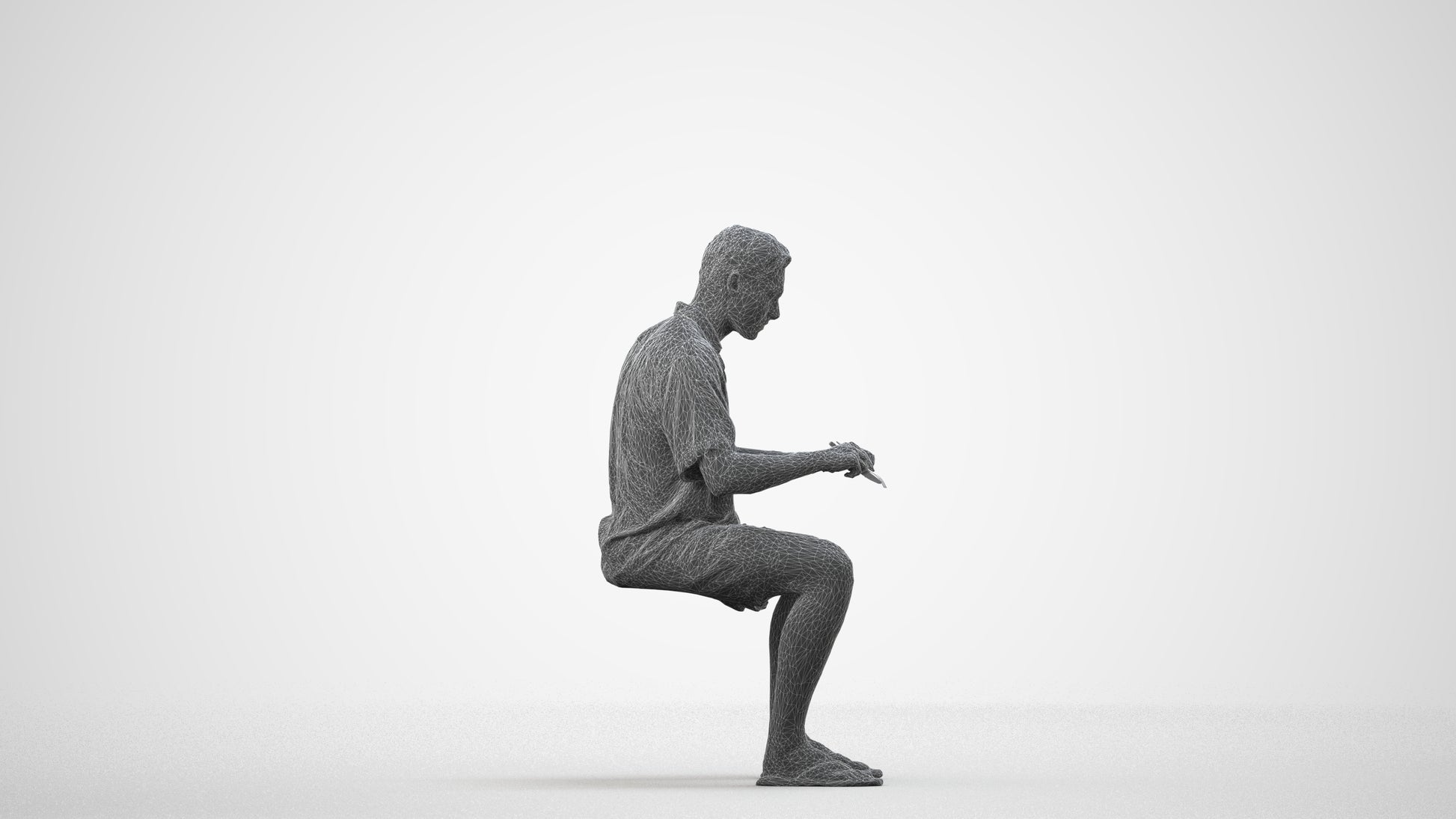 3D human model man casual sitting, photogrammetry scanned person for archviz, wireframe side view