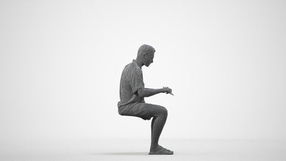 3D human model man casual sitting, photogrammetry scanned person for archviz, wireframe side view