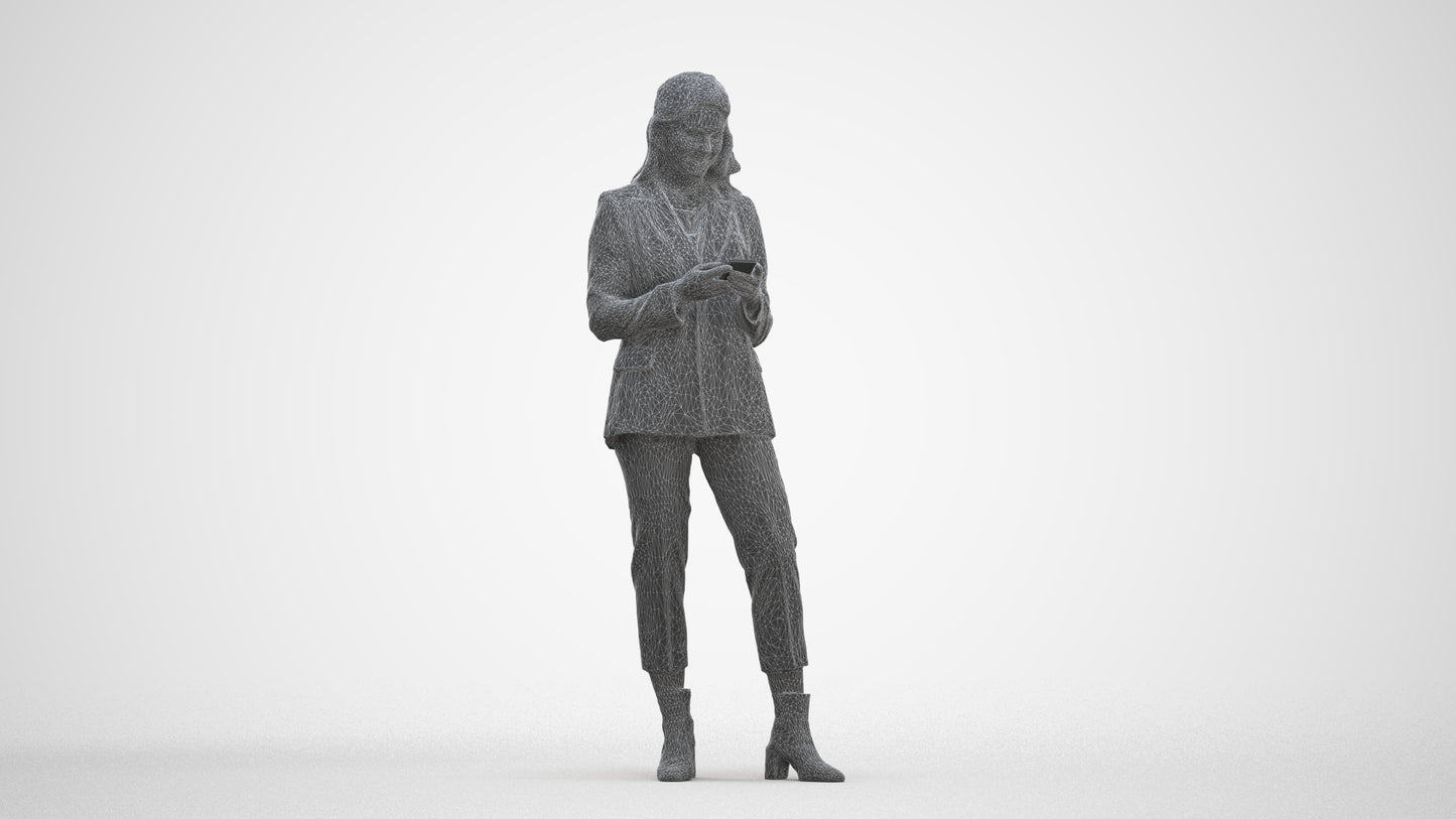 3D human model woman business, photogrammetry scanned person for archviz, three-quarter front view render
