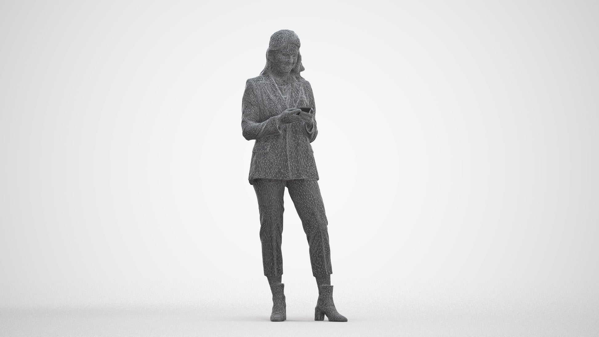 3D human model woman business, photogrammetry scanned person for archviz, three-quarter front view render