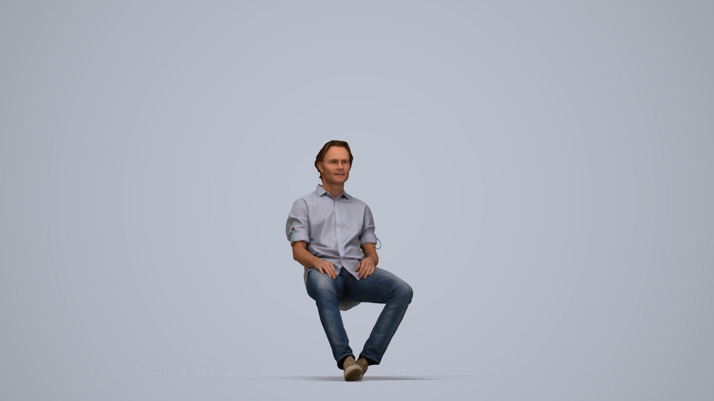 realistic 3D human man casual sitting, archviz people FBX OBJ for Blender, top-down view render