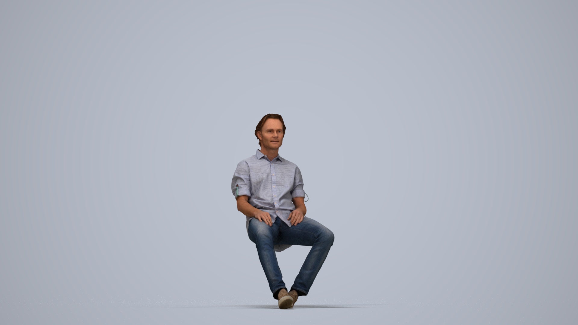 realistic 3D human man casual sitting, archviz people FBX OBJ for Blender, top-down view render