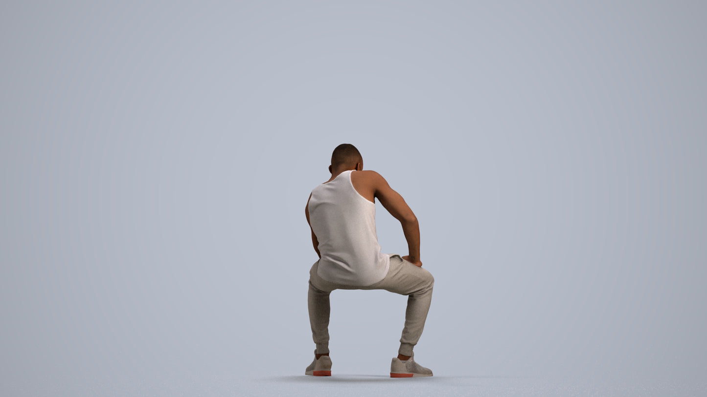 3D human model man casual sitting, photogrammetry scanned person for archviz, front view render