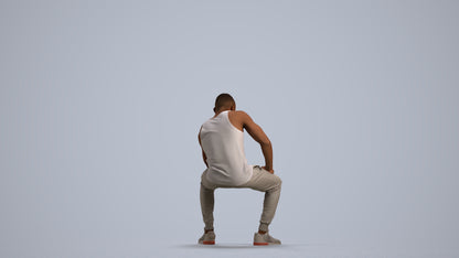 3D human model man casual sitting, photogrammetry scanned person for archviz, front view render