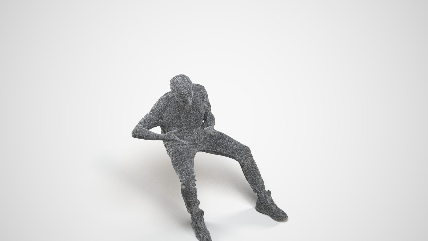 realistic 3D man casual sitting, scanned archviz people for Blender and 3ds Max, wireframe three-quarter view