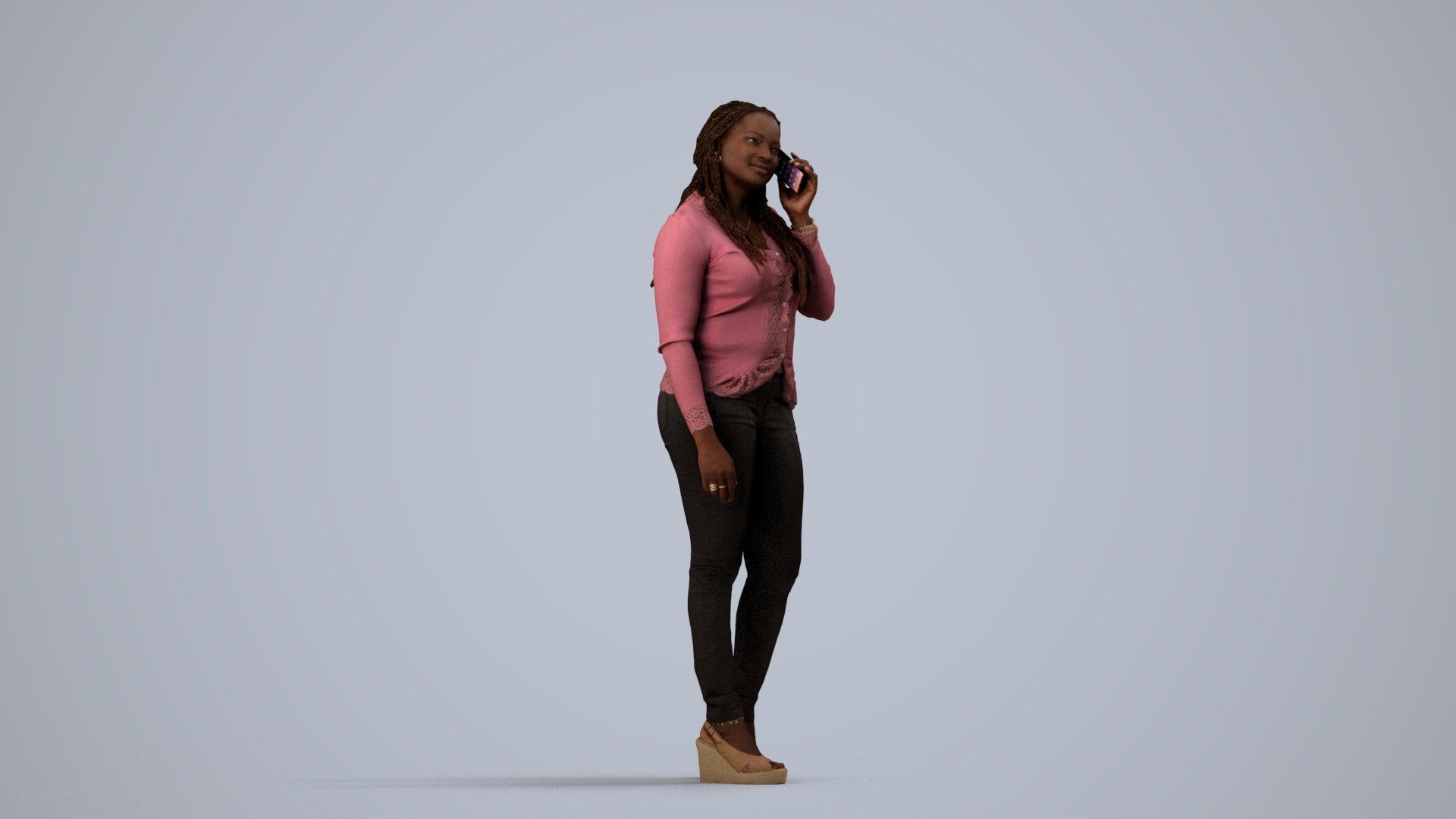 realistic 3D woman casual standing, scanned archviz people for Blender and 3ds Max, side view render