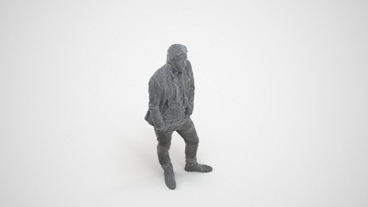 3D human model man business standing, photogrammetry scanned person for archviz, wireframe three-quarter view