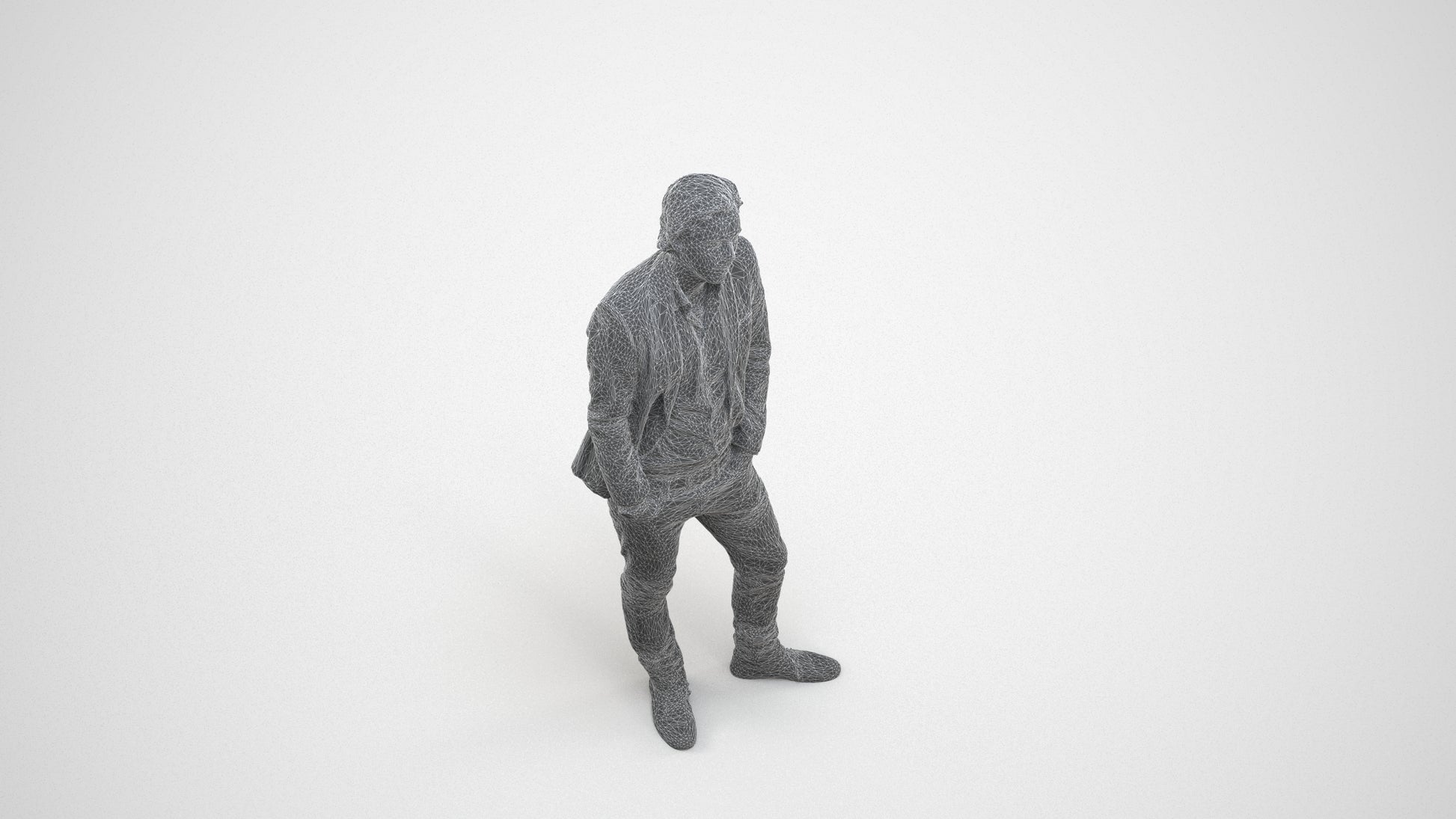 3D human model man business standing, photogrammetry scanned person for archviz, wireframe three-quarter view