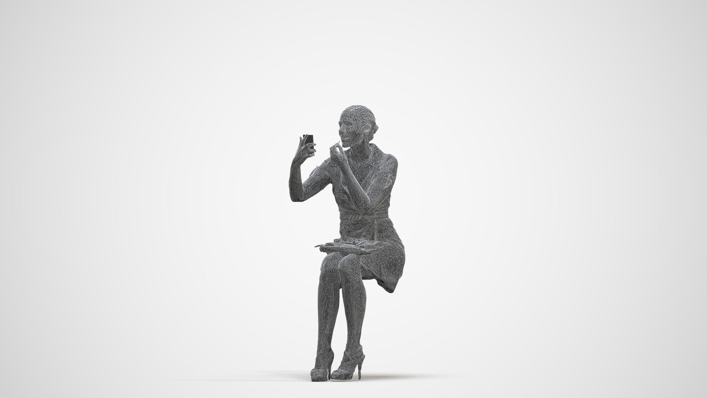3D human model woman casual sitting, photogrammetry scanned person for archviz, three-quarter front view render