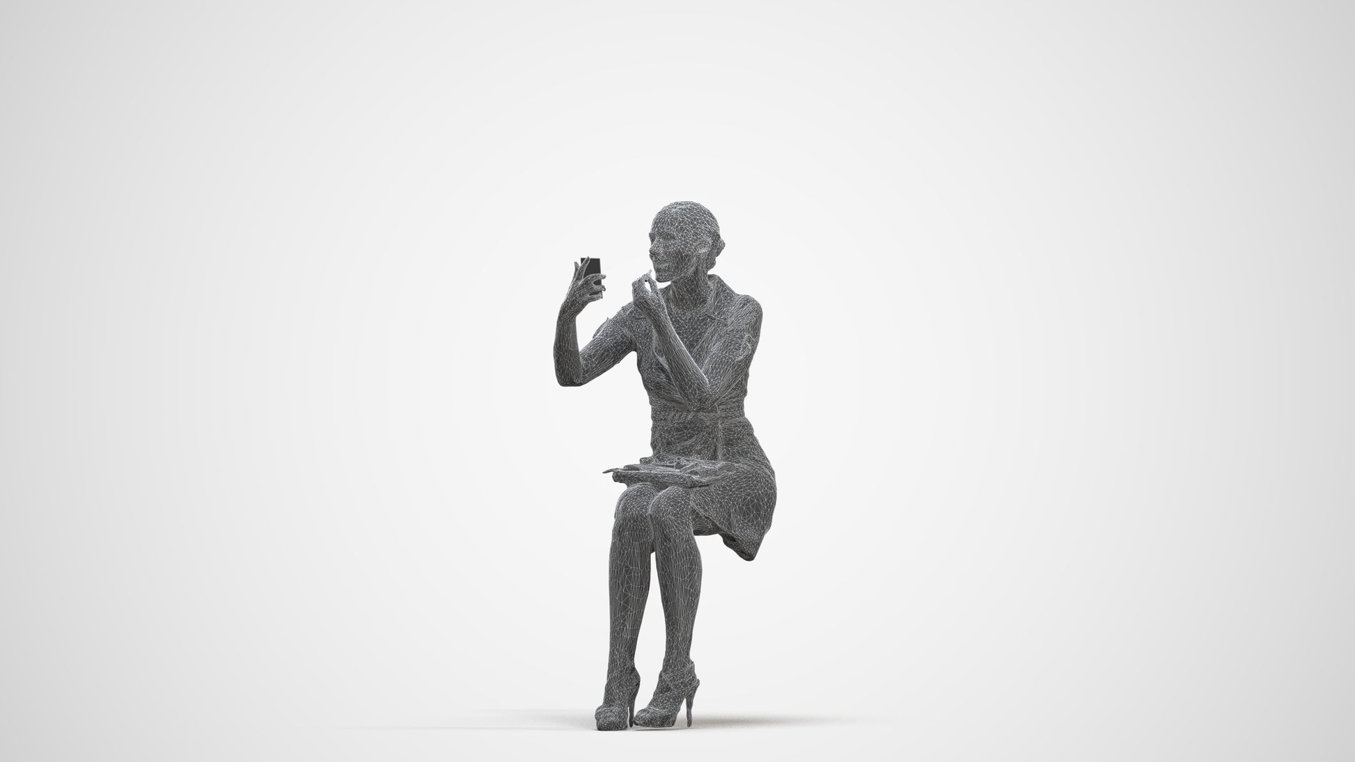 3D human model woman casual sitting, photogrammetry scanned person for archviz, three-quarter front view render
