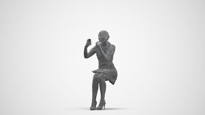 3D human model woman casual sitting, photogrammetry scanned person for archviz, three-quarter front view render