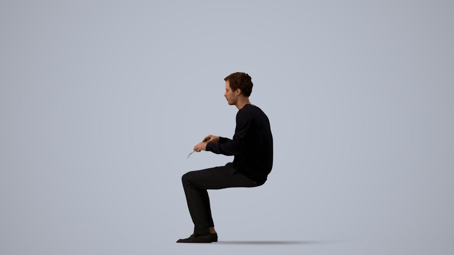 scanned 3D man casual sitting, photogrammetry people for Enscape and V-Ray, three-quarter view render