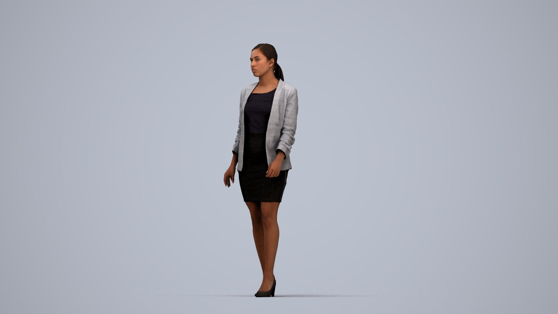 photogrammetry 3D woman business walking, realistic human model archviz FBX, top-down view render