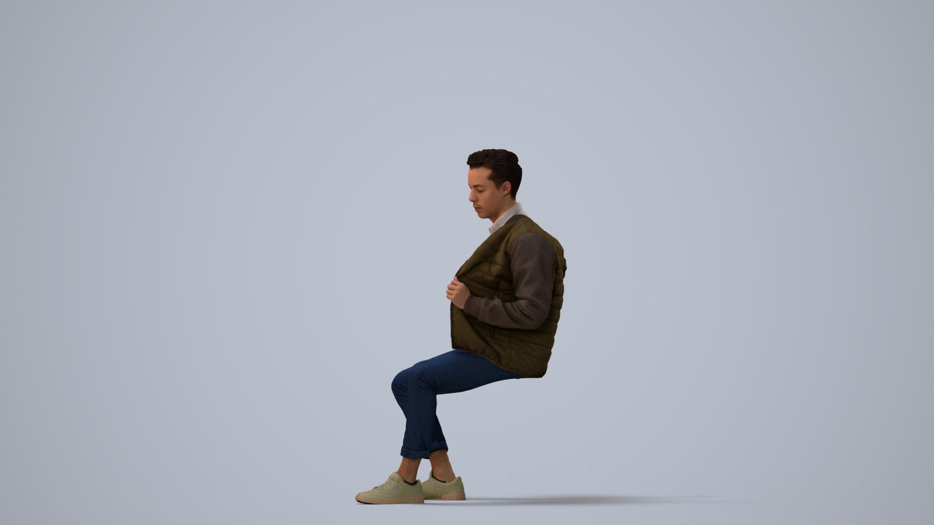 realistic 3D man casual sitting, scanned archviz people for Blender and 3ds Max, three-quarter view render