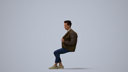 realistic 3D man casual sitting, scanned archviz people for Blender and 3ds Max, three-quarter view render