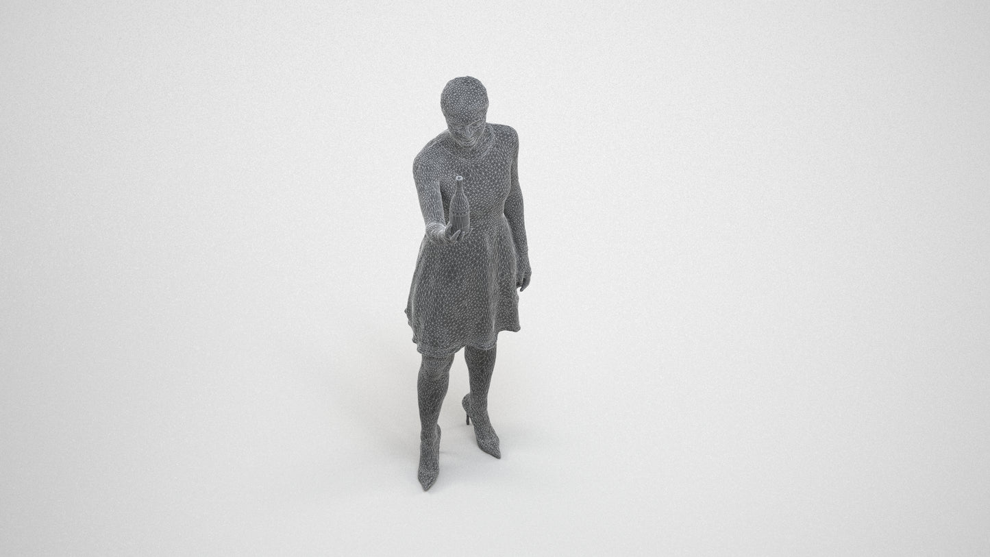 photogrammetry 3D woman casual hospitality, realistic human model archviz FBX, wireframe three-quarter view