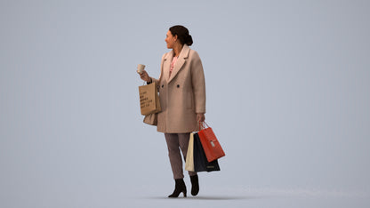 realistic 3D woman business shopping, scanned archviz people for Blender and 3ds Max, three-quarter view render
