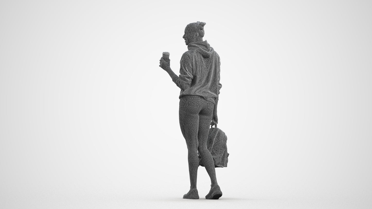 realistic 3D woman casual walking, scanned archviz people for Blender and 3ds Max, wireframe front view