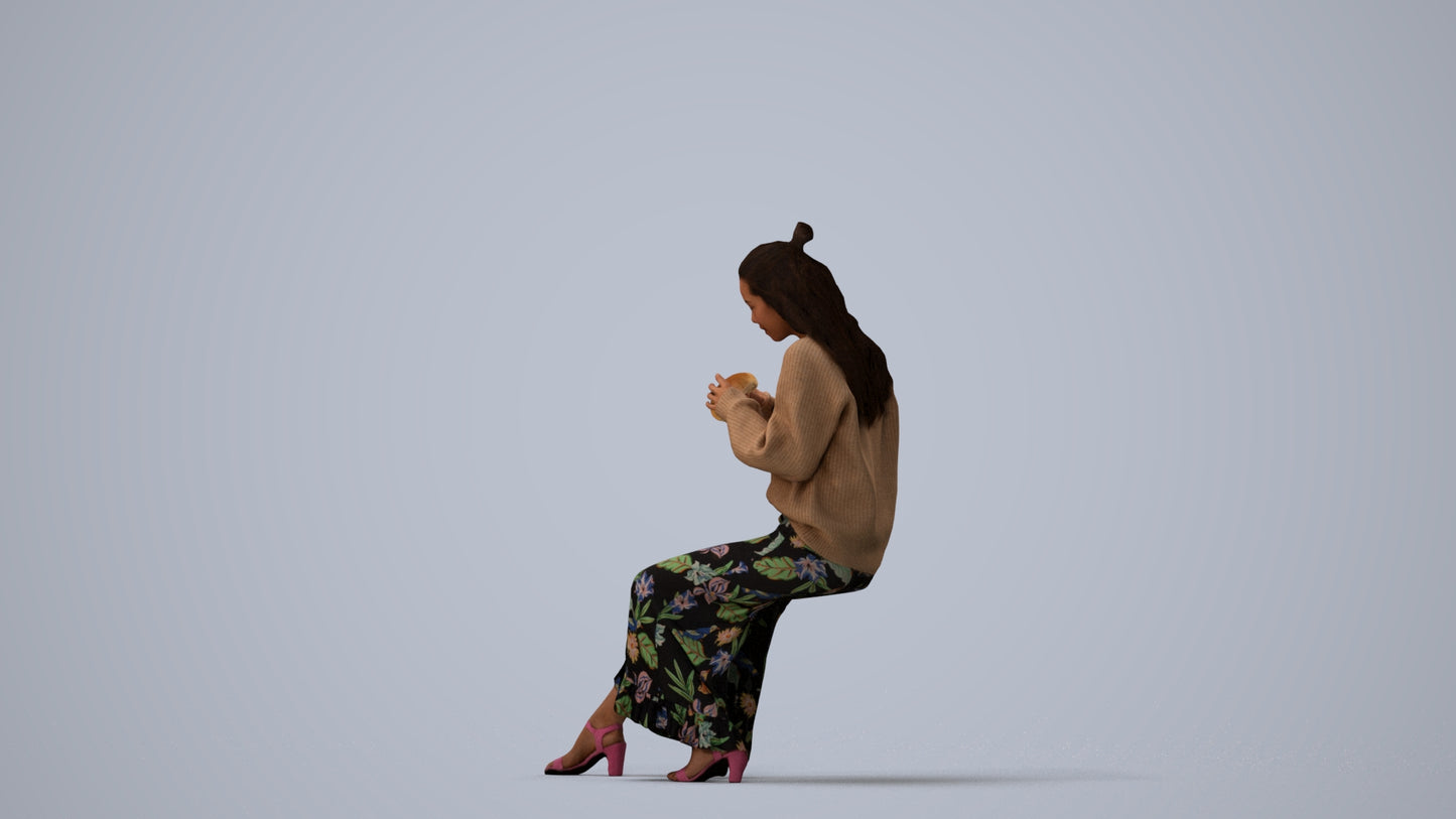 3D human model woman casual sitting, photogrammetry scanned person for archviz, three-quarter view render
