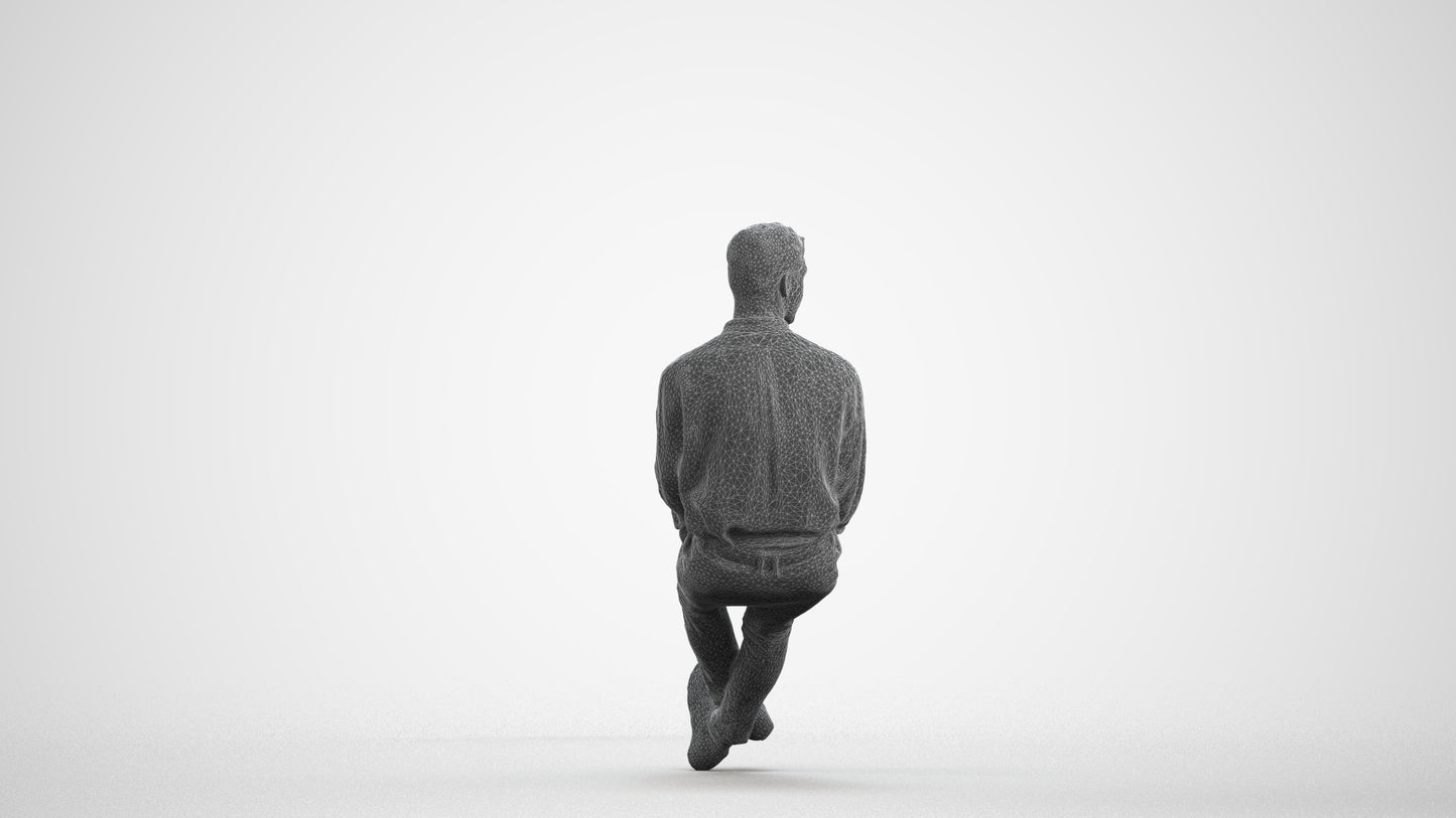 scanned 3D man casual sitting, photogrammetry people for Enscape and V-Ray, wireframe front view