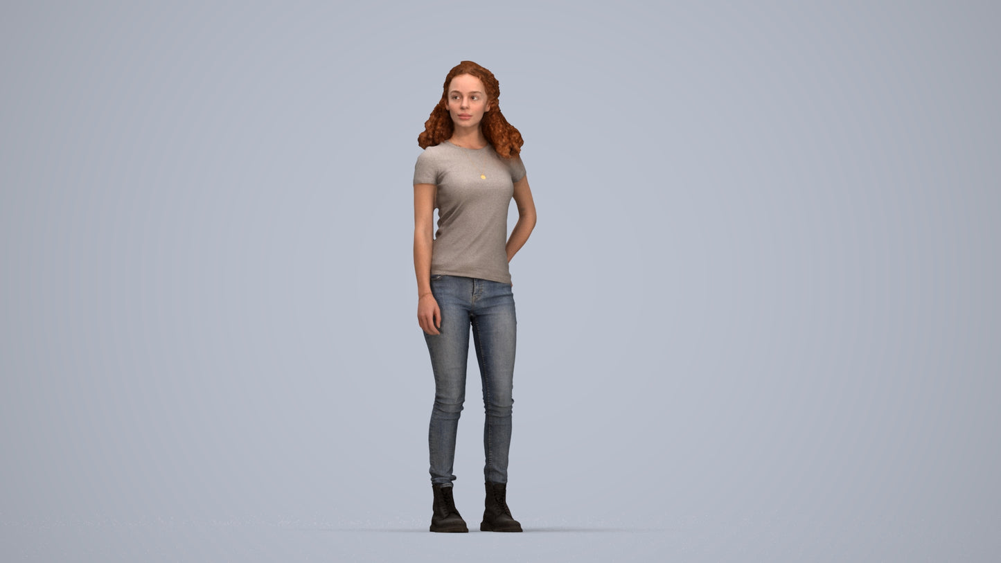 realistic 3D human woman casual standing, archviz people FBX OBJ for Blender, top-down view render