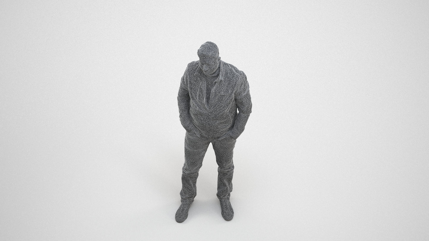 3D people model man casual standing, scanned human for 3ds Max rendering, wireframe three-quarter view