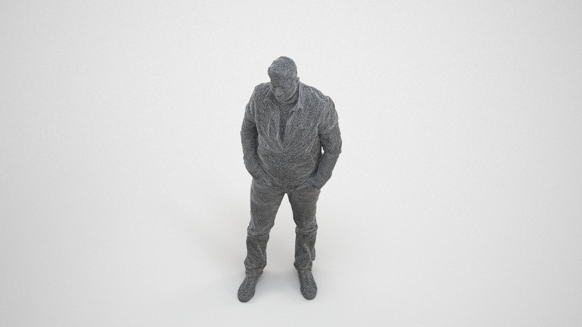 3D people model man casual standing, scanned human for 3ds Max rendering, wireframe three-quarter view