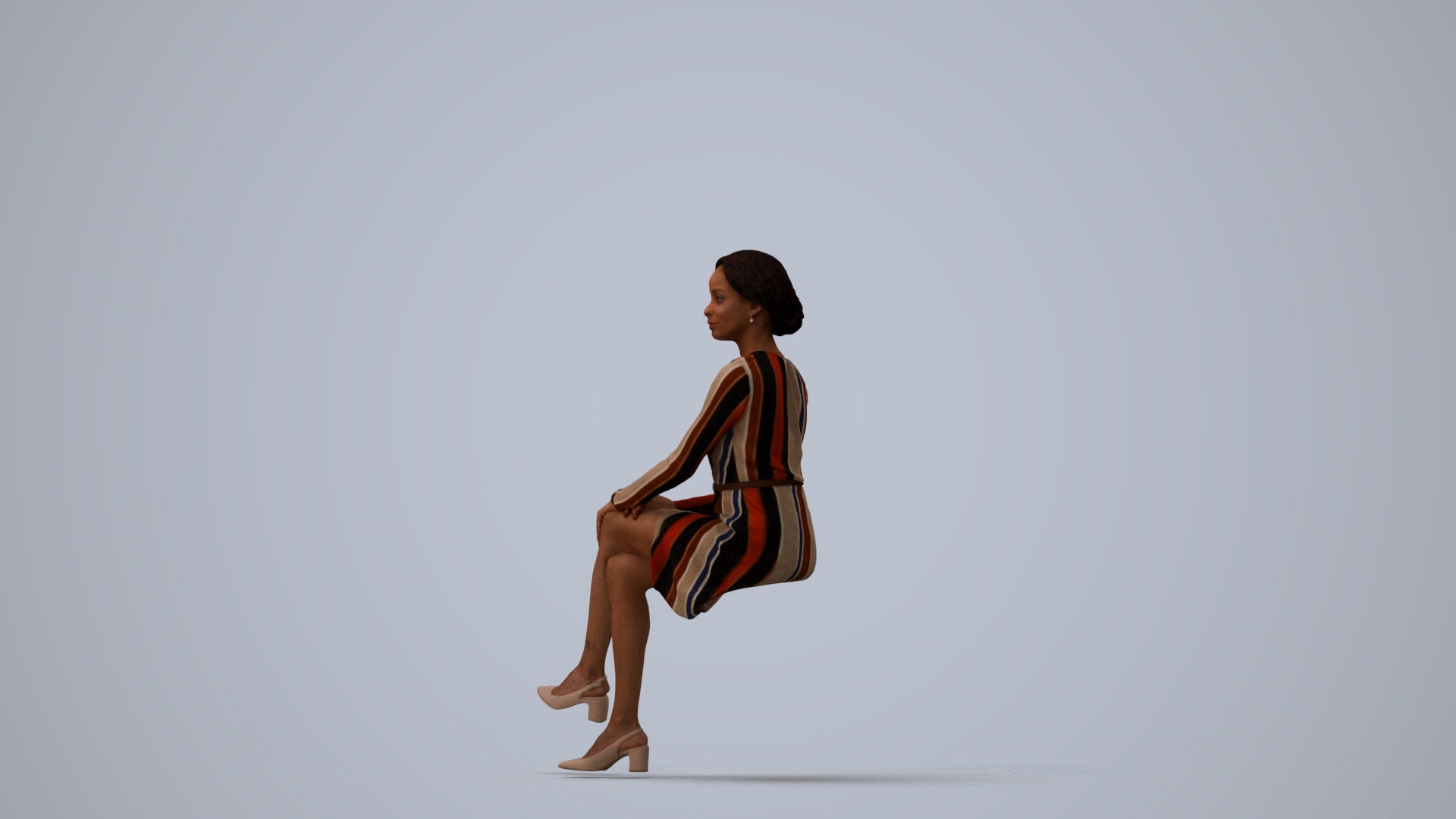 3D people model woman casual sitting, scanned human for 3ds Max rendering, three-quarter view render