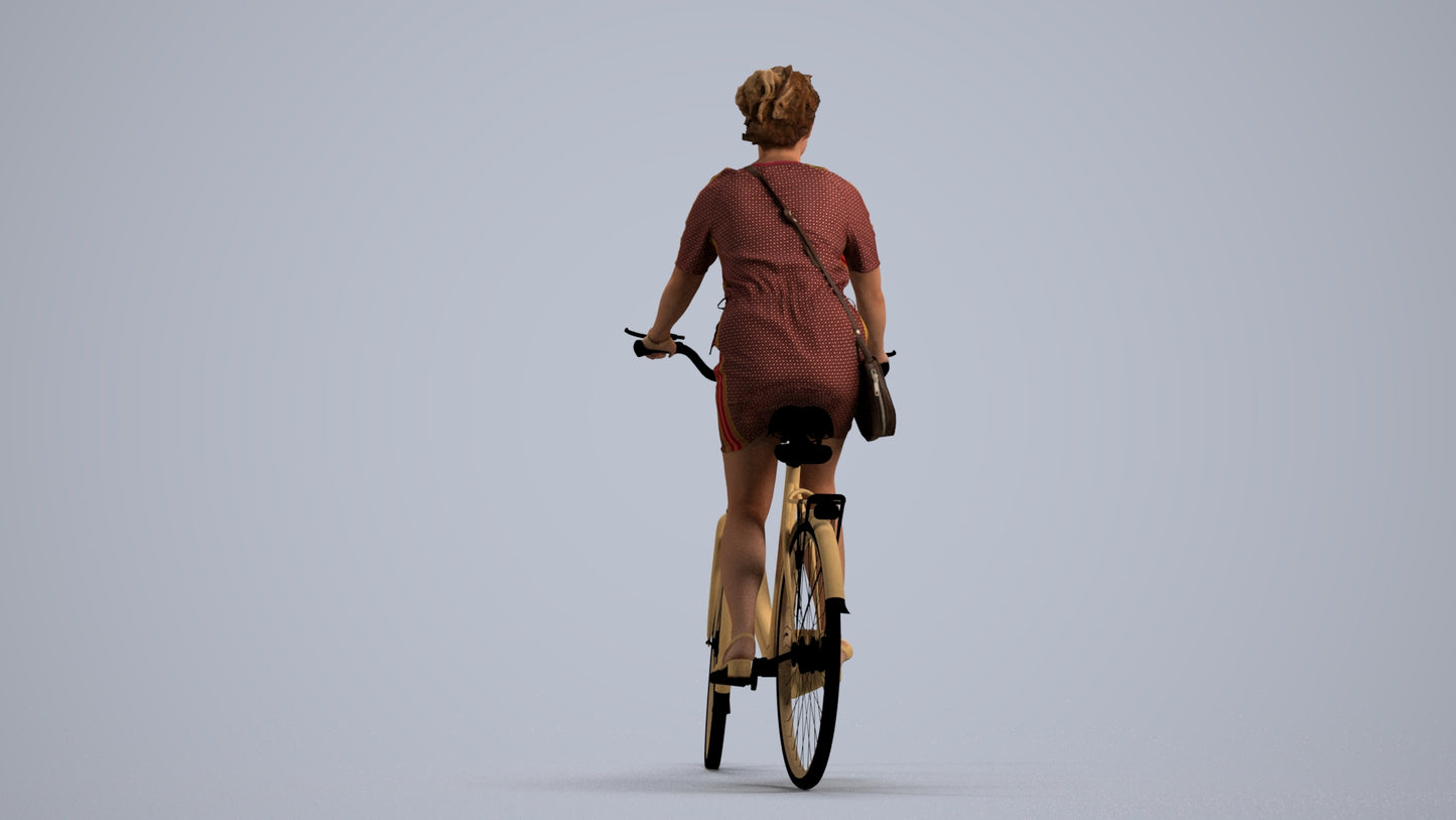 realistic 3D woman casual cycling, scanned archviz people for Blender and 3ds Max, front view render