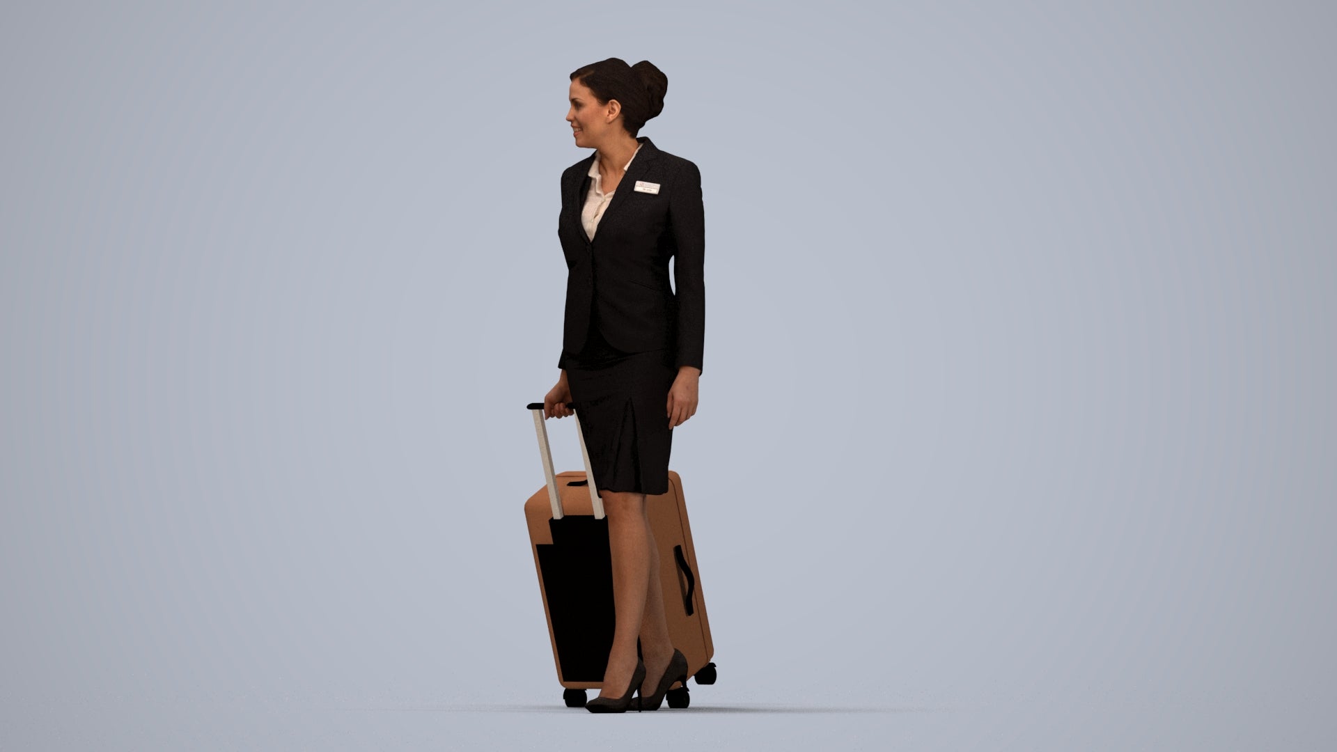 3D people model woman hospitality, scanned human for 3ds Max rendering, top-down view render