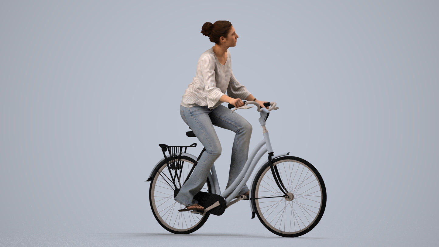 realistic 3D human woman casual cycling, archviz people FBX OBJ for Blender, side view render