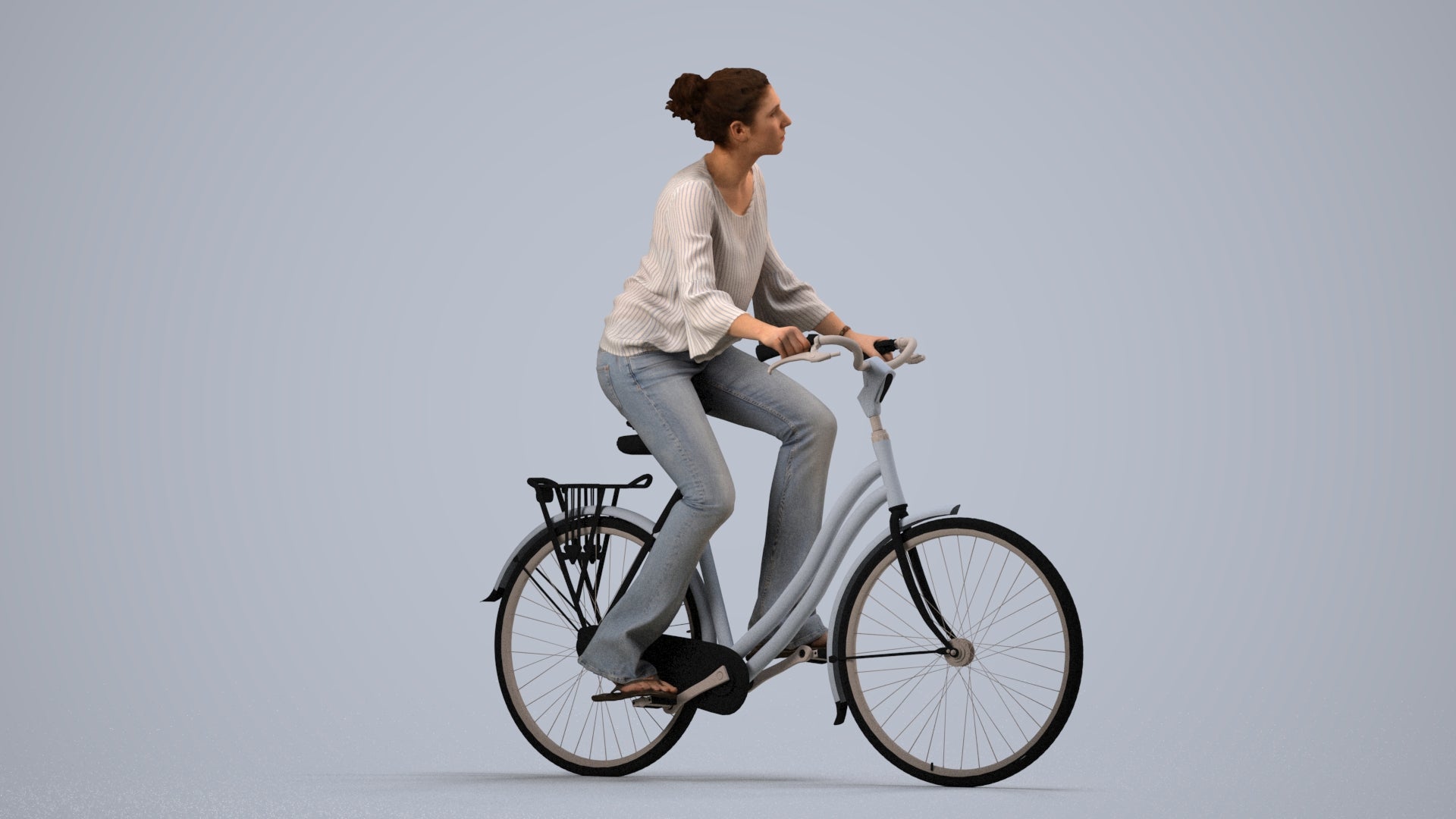 realistic 3D human woman casual cycling, archviz people FBX OBJ for Blender, side view render