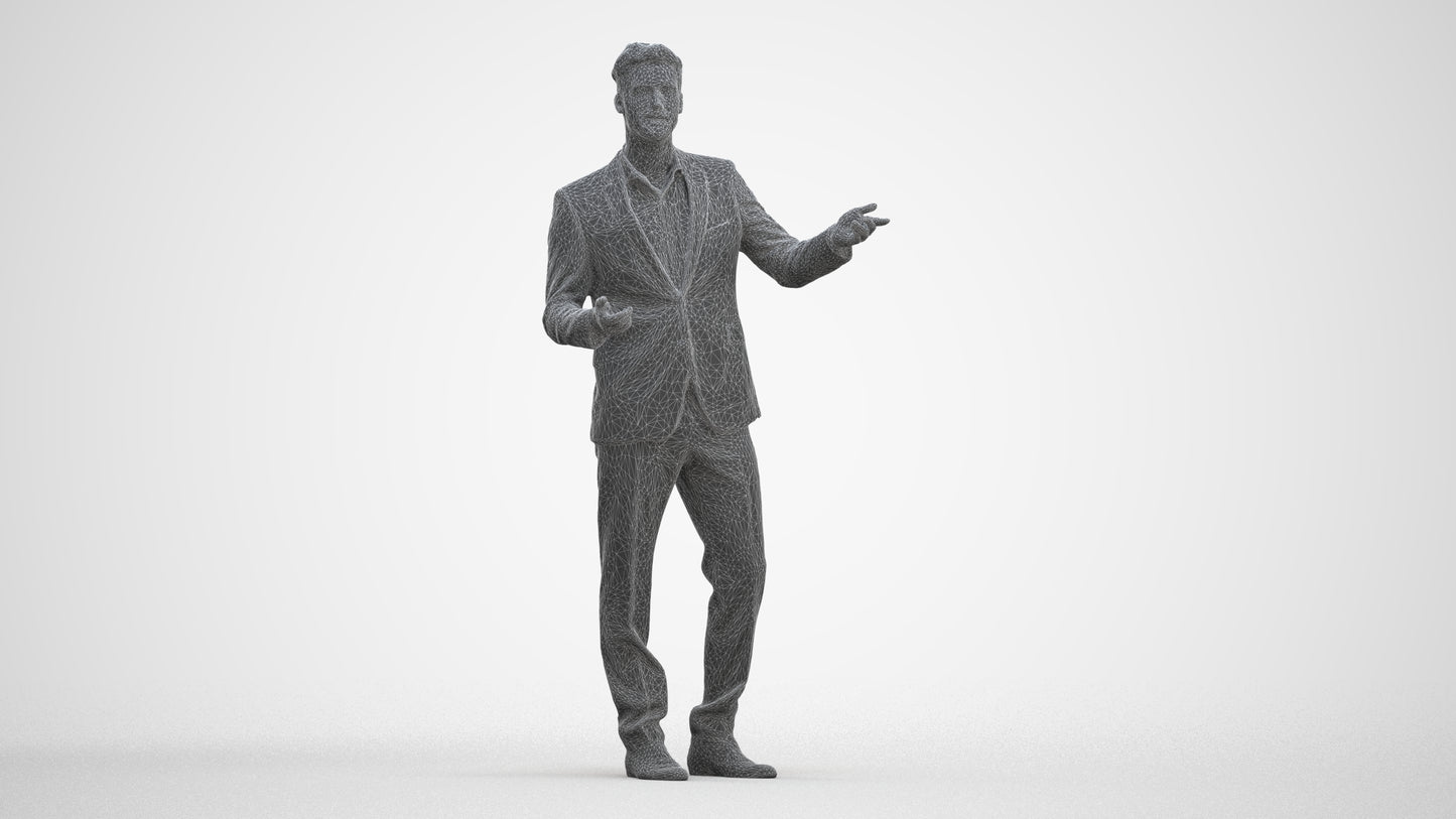 3D human model man business, photogrammetry scanned person for archviz, three-quarter front view render