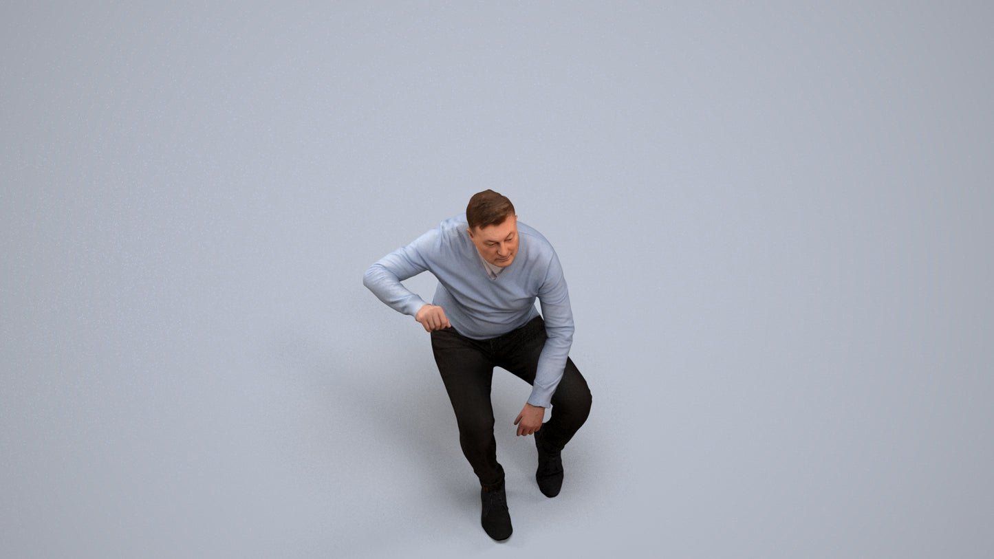 realistic 3D human man casual sitting, archviz people FBX OBJ for Blender, back view render