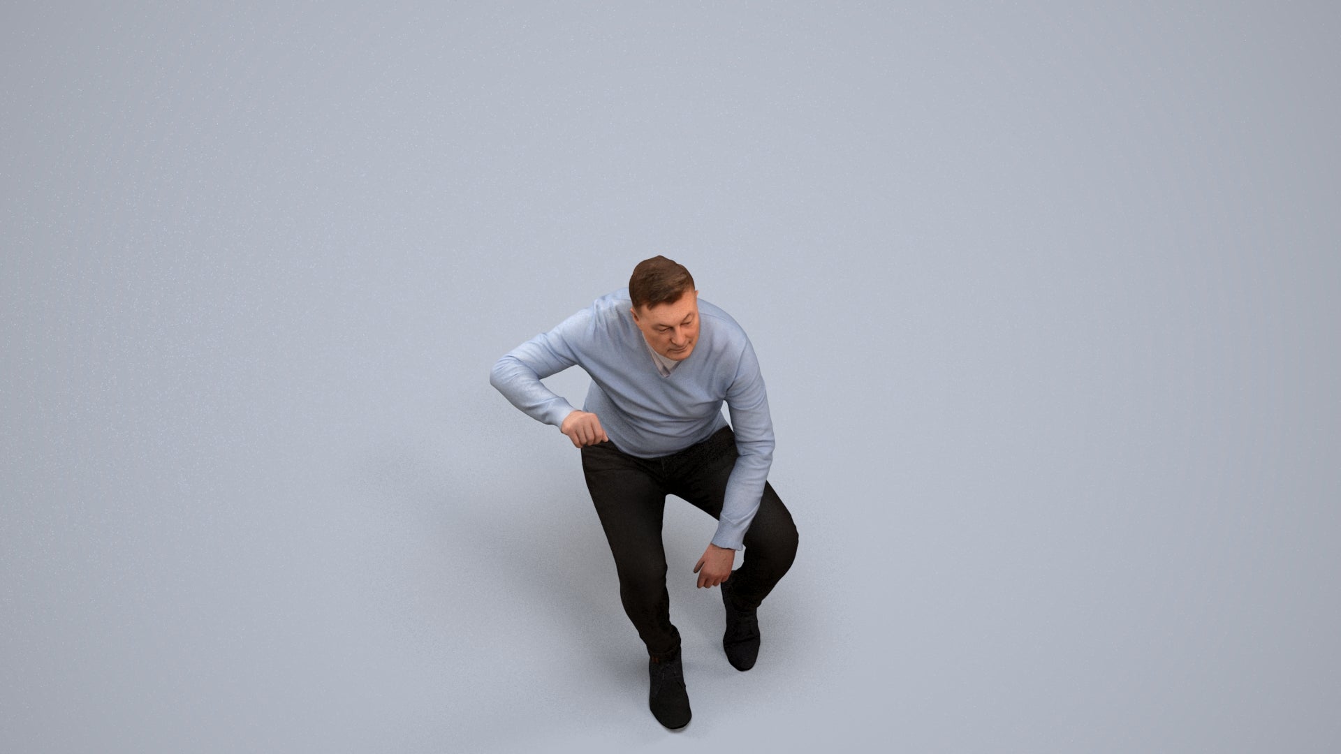 realistic 3D human man casual sitting, archviz people FBX OBJ for Blender, back view render