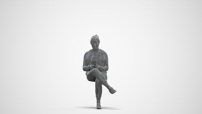 scanned 3D woman casual sitting, photogrammetry people for Enscape and V-Ray, three-quarter front view render