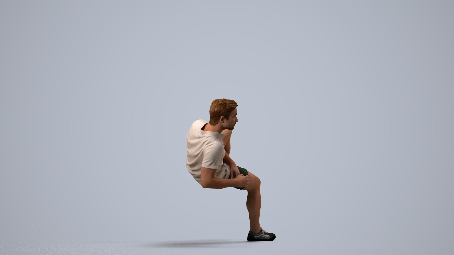 3D human model man casual sitting, photogrammetry scanned person for archviz, side view render