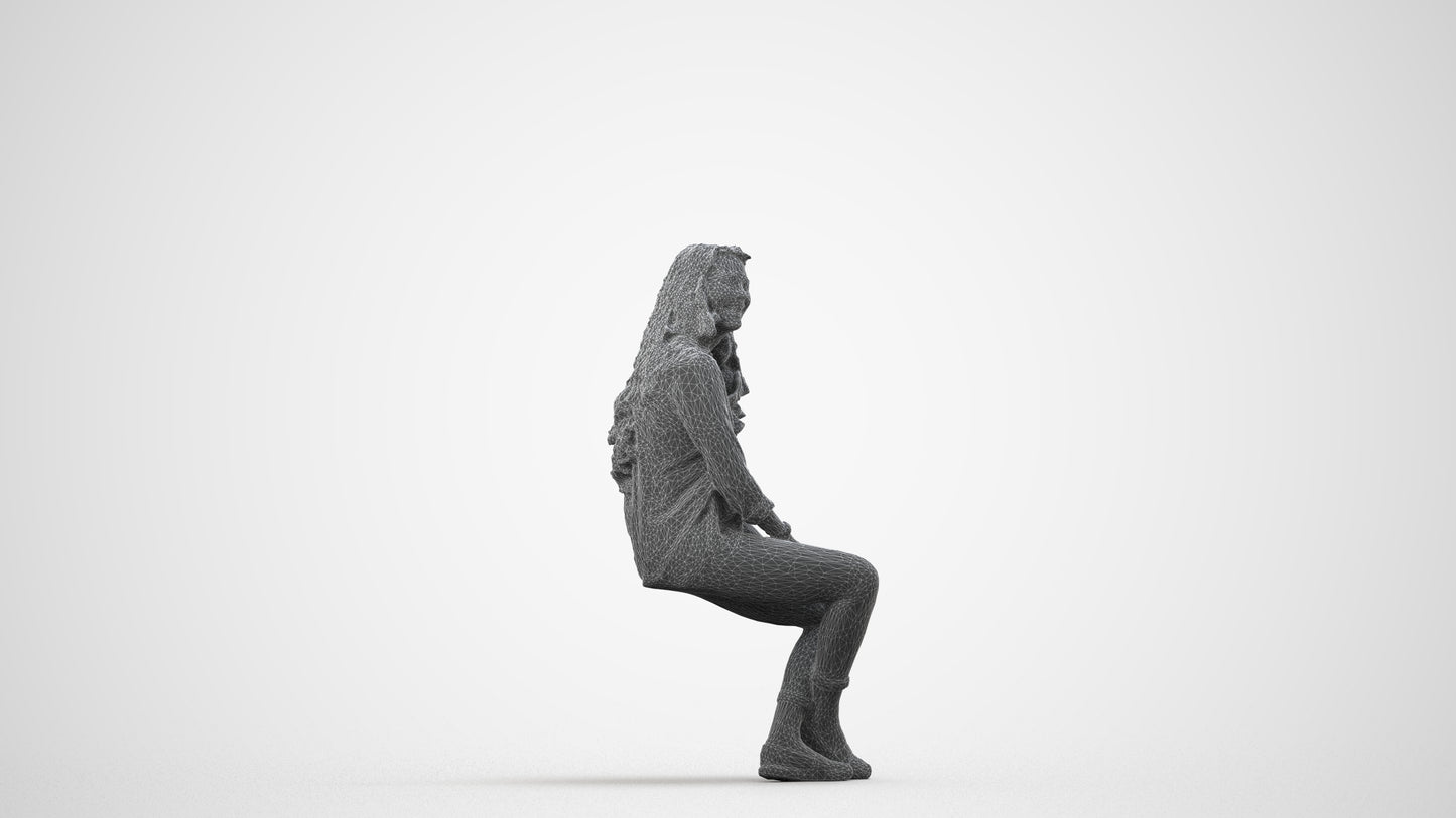 realistic 3D human woman casual sitting, archviz people FBX OBJ for Blender, wireframe side view